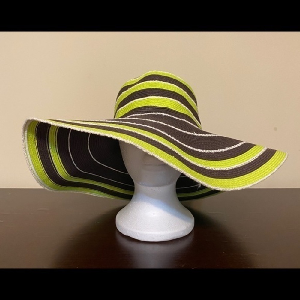 Filippo Catarzi Neon Green, Brown & Cream Striped Wide-Brim Sun Hat